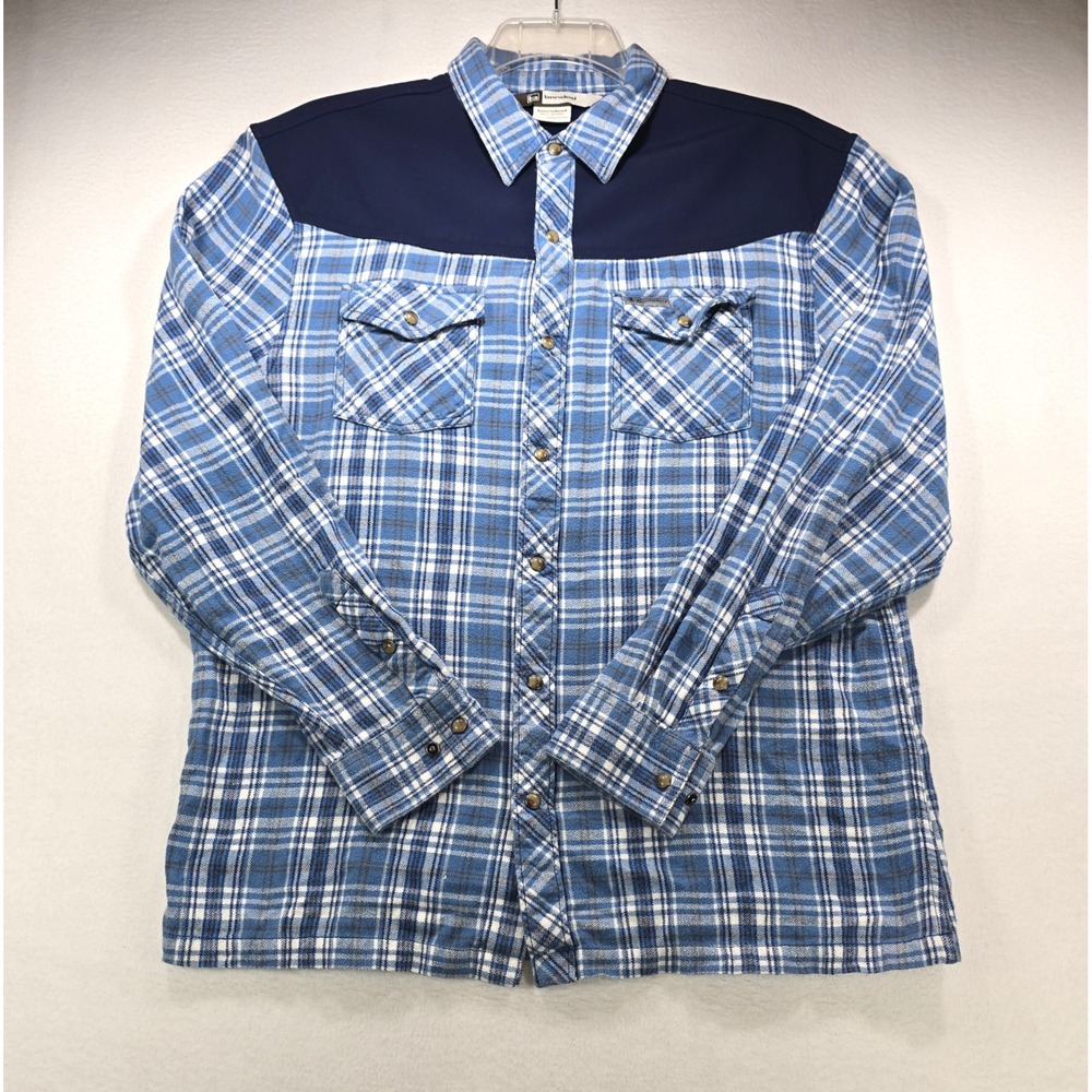 Banded Mens Large Blue Plaid Flannel Shirt Western Yoke Snap Pockets L